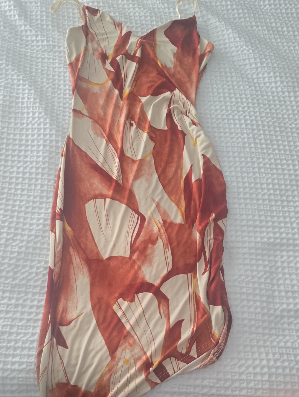 Windsor Asymmetrical Slip Dress in Rust and Cream Abstract Print